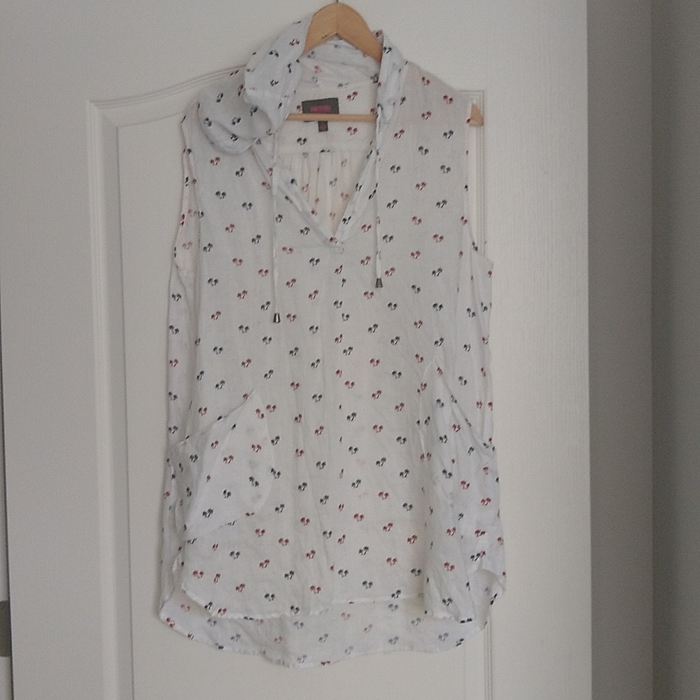 Linen beach cover-up, sleeveless with hood and pockets, size Large